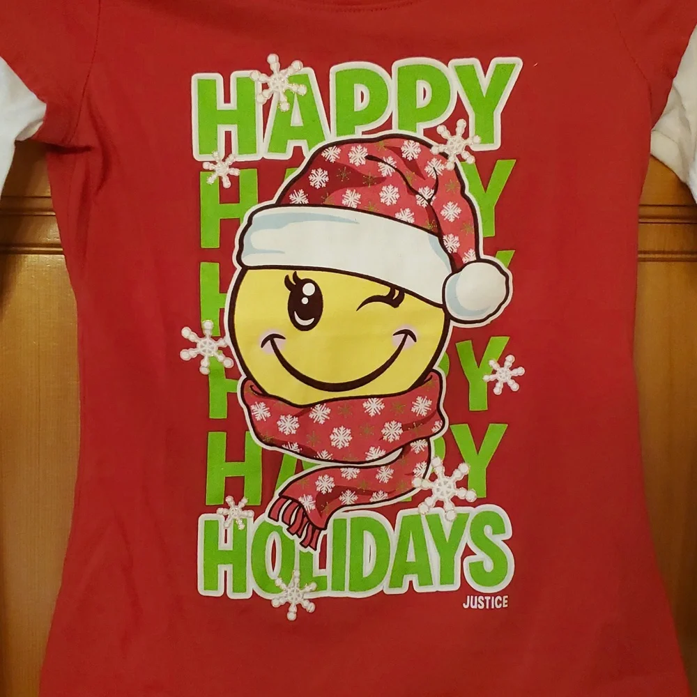 Justice Red Chriatmas Holiday Long Sleeve Shirt‎ With Santa Emoji Size 8